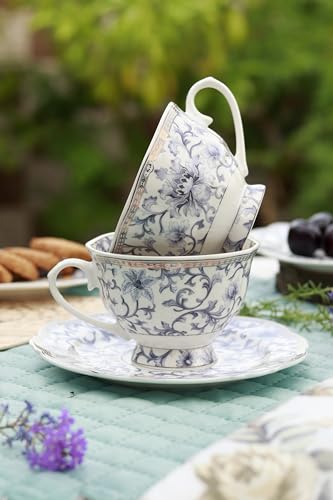 Image of Floral Royal Blue Cup and Saucer Set (Vintage Collection) for Tea /Coffee /Hot Drinks | Set of 6 Cup & 6 Saucers, 210 ML | Finest Premium Porcelain | Lead Free | Scratch Resistant | Chip Resistant