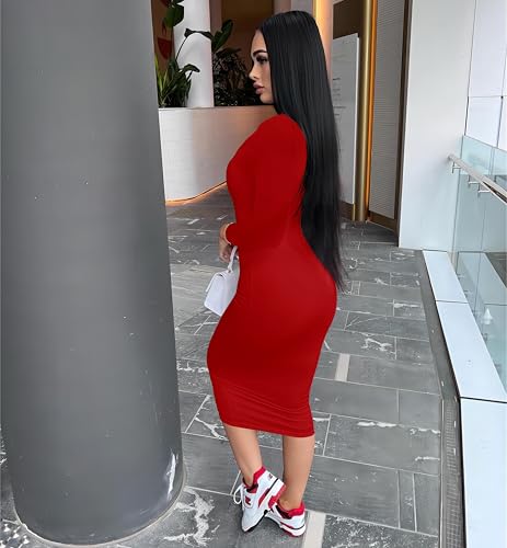 Image of Nimsruc Womens Autumn Casual Sexy Long Sleeves Bodycon Dress Basic Pencil Midi Club Dresses