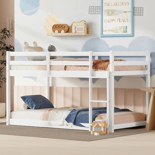 LUMISOL Twin Over Twin Floor Low Bunk Bed for Small Space Children's Bedroom, Low Twin Bunk Beds with Safety Guardrail, White