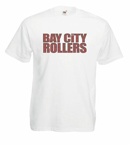 Adults Bay City Rollers Tartan Scottish 1970s Pop Rock Band Unisex White T-Shirt [Large]