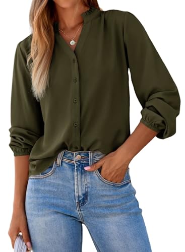Dokotoo Womens Tops Blouses for Women Dressy Casual Button Down Shirts V Neck Long Sleeve Shirts Business Work Blouses