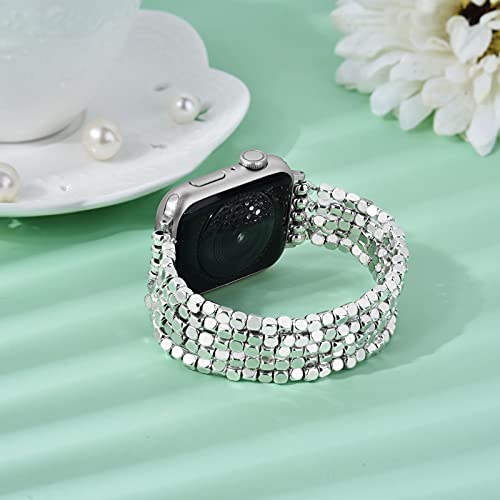 Mofree Bracelet Compatible For Series 6 Apple Watch Band 40Mm/38Mm/41Mm Series 7 Se 5 Women Fashion Handmade Elastic Stretch Beads Strap For Iwatch Series 4/3/2/1 38Mm/40Mm Replacement Silver #TOP2