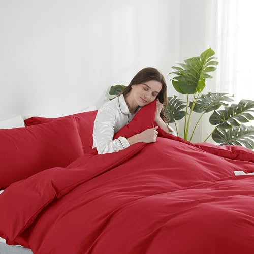 Image of Hearth & Harbor Red Duvet Cover Full Size, 3 Piece Bedding Set | Soft Double Brushed Bedding Set, Button Closure, 1 Duvet Cover 80x90 Inches, 2 Pillow Shams