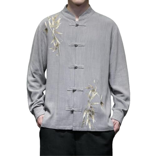 Chemise style chinois homme brodé vintage avec patchwork et bouton grenouille automne