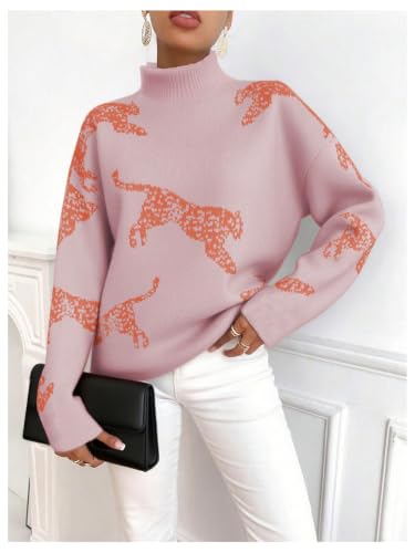Image of WDIRARA Women's Leopard Tiger Print Sweater High Neck Long Sleeve Fuzzy Knitted Pullover Top