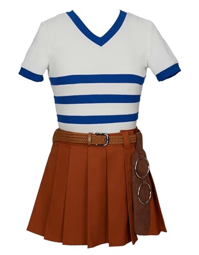 haikyuu Anime Cosplay Costume White Blue Stripe Top Yellow Skirt Set with Belt (medium)