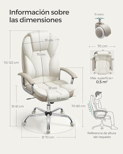 Miniatura 3 de Songmics Oficina, Escritorio, Juego Con Reposabrazos, Ordenador, Silla Ejecutiva, Altura Ajustable, Para Estudio, Blanco Crema Y Marrón Camello Obg057w01, 67 X 68 X 112-122 Cm
