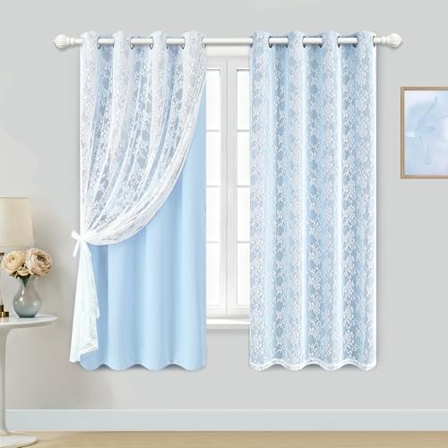 Image of Yinhua Double Layer Blackout Curtains for Bedroom Blue Curtains for Living Room 63 Inch Length 2 Panels Set Kid Curtain with Tiebacks, Grommet Drapes with Floral Sheer Overlay, 52 inch W x 63 inch L