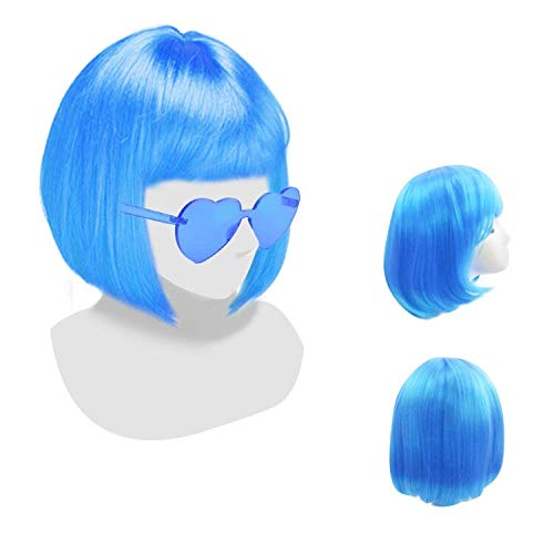 Short Bob Hair Wigs Straight with Flat Bangs Synthetic Colorful Cosplay Daily Party Neon Wig for Women + Free Wig Cap 15" Natural As Real