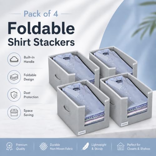 Image of VERVENIX Shirt Stacker Set of 4, Non Woven Foldable Clothes Storage Organizer with Handle, Wardrobe Closet Organizer, Space Saving Cloth Organizer for T-Shirts, Shirts, Jeans, Grey