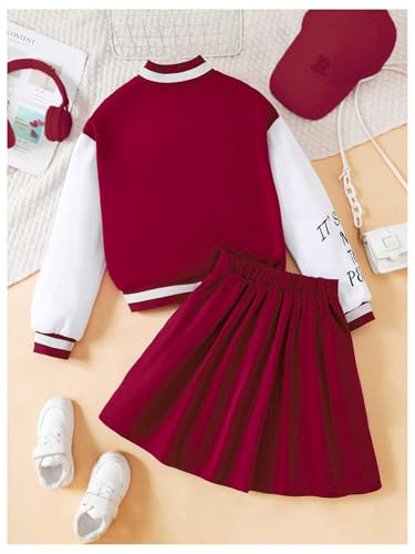 Image of GORGLITTER Girl's 2 Piece Letter Graphic Bomber Varsity Jacket and Pleated Skirt Sets Burgundy 9Y