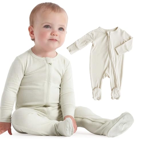 Image of Caden Lane Zippered Baby Footie Pajamas, Soft Onesie Bodysuit with Feet & Double Zipper for Easy Diaper Change, Infant, and Toddler Footed One-Piece Jumpsuit, Oat Beige, Newborn