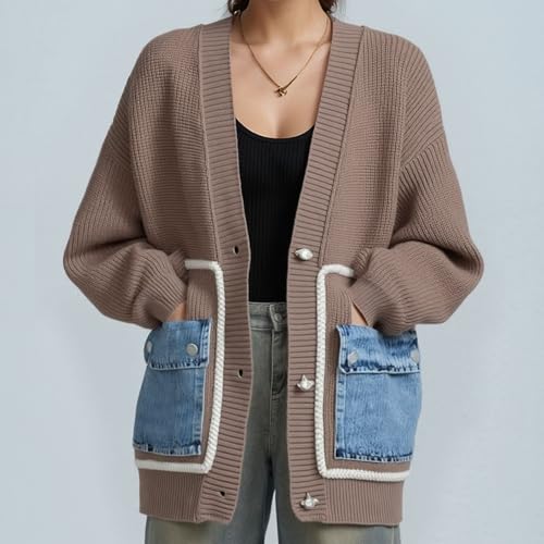 Image of FindThy Women's Casual Button Up Cardigan Oversized Long Sleeve Jean Patchwork Sweater Cardigans