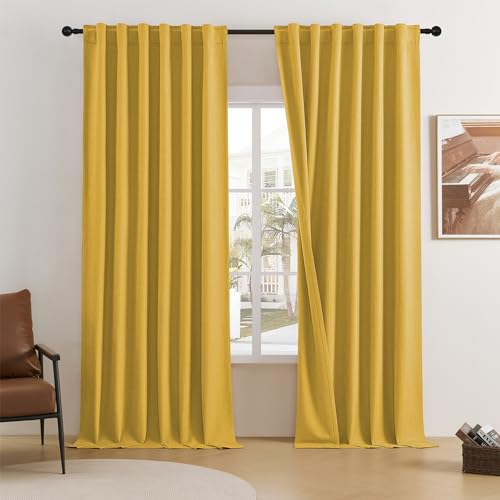 DUALIFE Gold Yellow Blackout Linen Curtains 96 Inches Long Back Tab Heat Full Light Block Out Curtains 2 Panels for Bedroom Windows Textured Long Draperies Floor to Ceiling Length 8 Ft W50 x L96