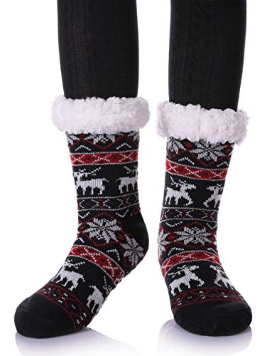 Dosoni Women's Winter Snowflake Fleece Lining Knit Thick Warm Christmas Slipper Socks?Snowflake Deer Black&red B?