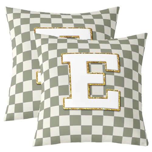 Image of Erosebridal Sage Green Checkered Throw Pillow Covers 20x20 Set of 2 Plaid Initial E Pillow Covers Personalized Monogram Cushion Cover Fashion Grids Gingham Pillow Cases for Couch Sofa