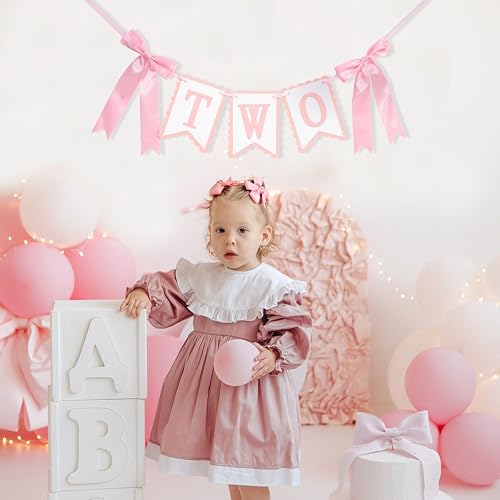 Image of Bow Two Birthday High Chair Banner,Pink Bow 2nd Party Decoration | Coquette Two High Chair Banner,Coquette 2nd Birthday Photo Prop