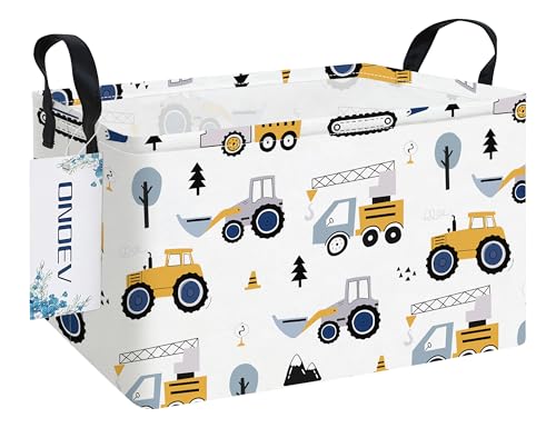 ONOEV Rectangular Construction Vehicle Storage Basket for Boys,Collapsible Fabric Toy Storage Bin with Handles,Cute Excavator Tractor Truck Organizer for Kids Room,Nursery,Playroom,Closet (Excavator)