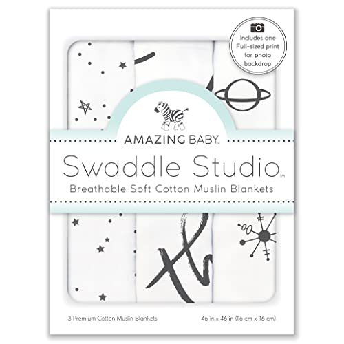 Image of Amazing Baby Muslin Swaddle Blankets for Baby, Newborn Receiving Blanket, 100% Cotton Swaddle Wrap, XLarge, 46 x 46 inches, Milestone Blankets, Set of 3, Love You to The Moon, Soft Black