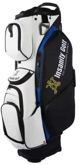 Insanity Golf Deluxe PU Leather 15-Way, Full Dividers, Light-Weight Golf Bag for Golf Cart and Golf Trolley Use - White/Blue/Black