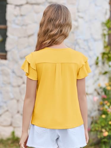 Image of Haloumoning Girls Pleated Ruffle Short Sleeve Shirts Kids Summer Crewneck T-Shirts Fashion Tops Tees 5-14 Years