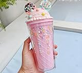 Generic Ice cream tumbler Ears with straw double layer 450ml (Pink), Regular