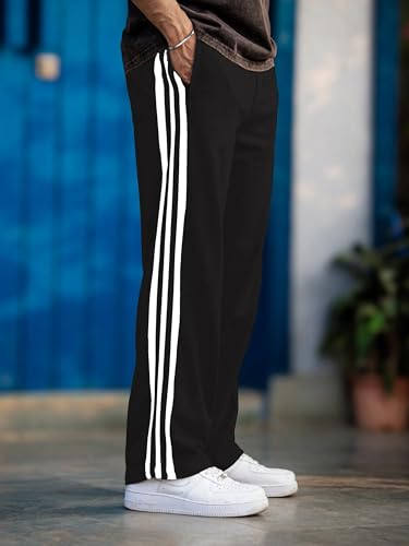 Image of Men's Track Pants with White Side Stripes | 4-Way Lycra Twill Polyester Straight Relaxed Fit Joggers | Mid-Rise Flexi Waist Lounge Bottoms