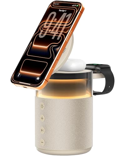 Image of eller sante 4in1 Bluetooth Speaker 15W Magnetic Mag-Safe Wireless Charger for iPhone 17 /16 /15 /14 /13 /12 Series,iwatch, Airpods Fast Charging Dock Phone Stand with Night Light & Music Sound