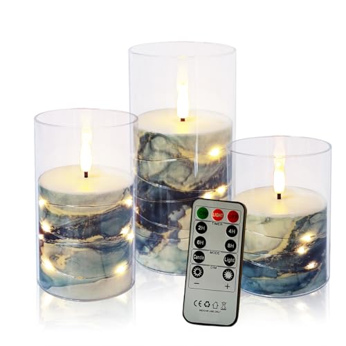 Image of Flickering Flameless Candles Dark Blue Marble Embedded Star String Lights, Battery Operated Acrylic LED Pillar Candles with 11-Key Remote and Timer for Home Decoration, 3 Pack