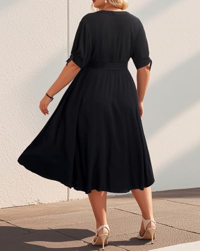 Pinup Fashion Summer Work Dress Plus Size - Office Casual Business Button Front Midi Dress with Pockets2