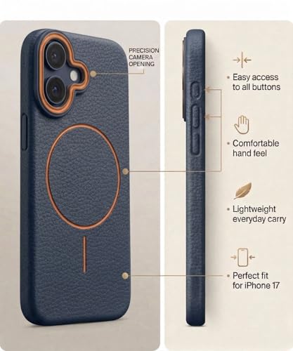 Image of amazon basics Luxury MagSafe Compatible Leather Texture Back Cover for iPhone 16 | Raised Camera Protection | Slim Fit Shockproof Case with Metallic Accents (Dark Blue)