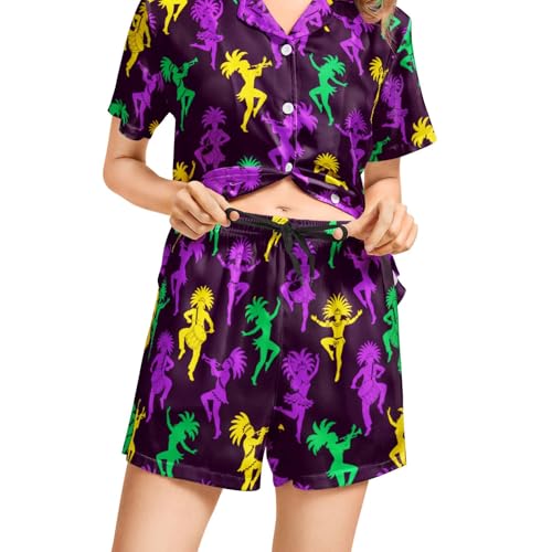 Image of Funny Pajamas for Women Set Print Satin Loungewear Pjs Short Sleeve Button Down Top and Shorts Sets Sleepwear XS-3XL