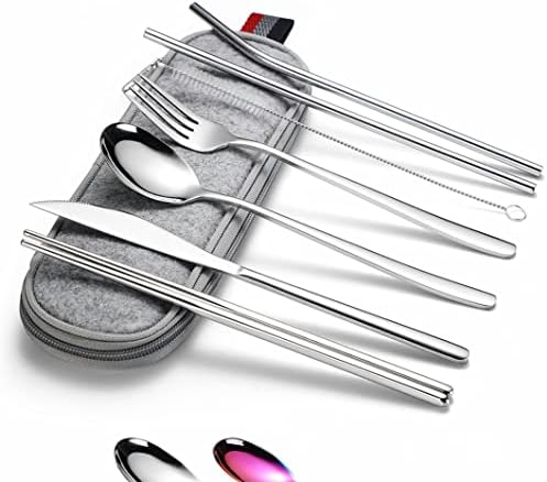 Travel Utensils Set with Case, Portable Cutlery Reusable Silverware, Camping Flatware, 8-Piece including Knife Fork Spoon Chopsticks Cleaning Brush Straws with a Carrying Case for Lunch Boxes (Silver)