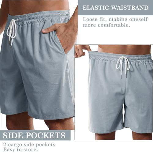 Image of Mens Corduroy Shorts Cotton Blend Lightweight Soft Summer Shorts Elastic Waist Beach Casual Short for Men with Pockets