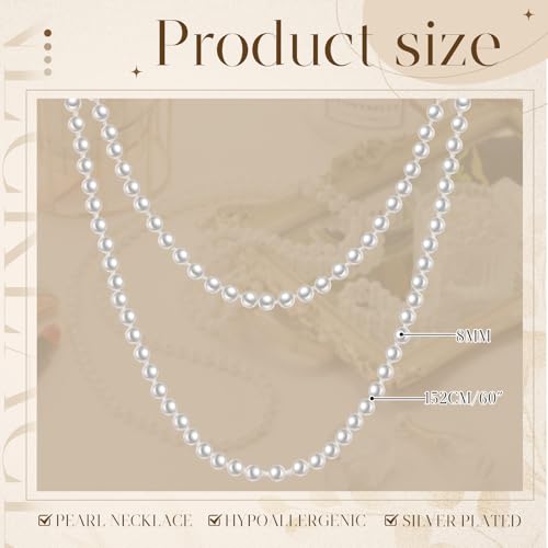 Long Pearl Necklace for Women 1920s Costume Jewelry White Faux Pearls Strand Beads for Ladies4