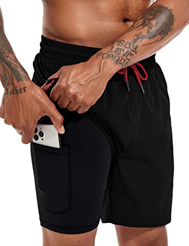 Atforna 2 in 1 Badeshorts Herren Kurz Badehose mit Kompression Liner Elastisch Schwimmhose Surfen Shorts Ohne Netz für Strand Schwimmbad Schwarz 3XL