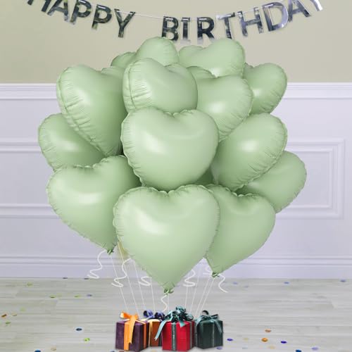 Image of Green Heart Ballloons,18 Inch Pastel Green Foil Love Heart Shaped Balloons 12Pcs Light Green love balloon for Anniversary Birthday Party Baby Shower Valentines Day Decorations