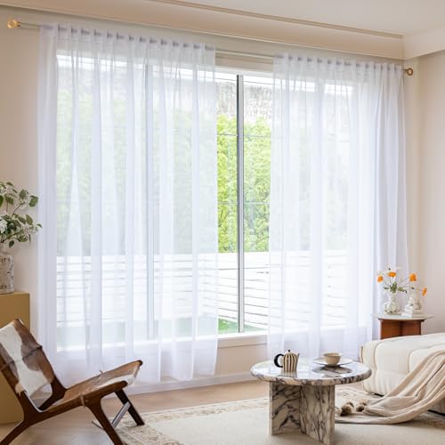 Image of MYSTIC-HOME Sheer Curtains 84 Inches Long - 2 Panels White Sheer Curtains for Bedroom & Living Room Cortinas Para Sala with Back Tab & Rod Pocket Design 108 Inch Extra Wide Soft Light Filtering Drapes