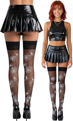 Image of ToBeInStyle Women's Spiderweb & Crawling Spider Print Hosiery Tights & Thigh High Stockings