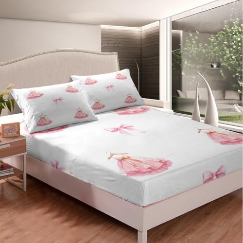 jejeloiu Pink Bow Bedding Set Twin Size Ballet Skirt Fitted Sheet for Boys Girls Children Ballerinas Cute Bowknot Dreamy Princess Bed Sheets Set Room Decor Breathable Soft Microfiber All Season 2Pcs
