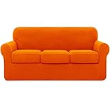 subrtex 4 Piece Sofa Cover High Stretch Couch Slipcover for 3 Cushion Soft Sofa Slipcover Jacquard Fabric Furniture Covers with Elastic Bottom Machine Washable(Orange,Large)