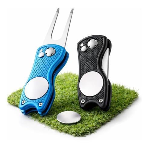 2 Pack Folding Golf Pitch Mark Repair Tool with Magnetic Ball Marker Pocket Size Pop-Up Divot Repairer Stainless Steel Forks Lightweight Golf Green Repair Tool for Practice and Match Play