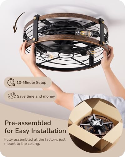 Image of EDISHINE 21 inch Pre-Assembled Ceiling Fans with Lights Flush Mount, 10%-100% Dimmable, Rustic Low Profile Caged Ceiling Fan with Remote, Small Farmhouse Fan Light Ceiling for Kitchen Bedroom Brushed Gold