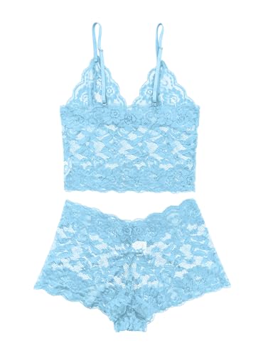 Image of Lilosy Sexy Sheer Floral Lace Pajamas Lingerie Set High Waist Sleepwear Bra and Panty 2 Piece Nightwear