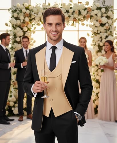 Men's Suits Regular Fit 3 Piece Double Breasted Solid Tuxedos Business Jacket Blazer+Vest+Pants Wedding Grooms4