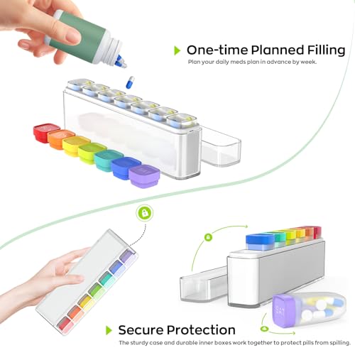 Image of HIONXMGA Color-Coded Weekly Pill Organizer Once Daily, Detachable 7 Day Travel Pill Box with Upgraded Sealing Lids, Large Portable Pill Case for Medication, Vitamins, Supplements & Fish Oils, White