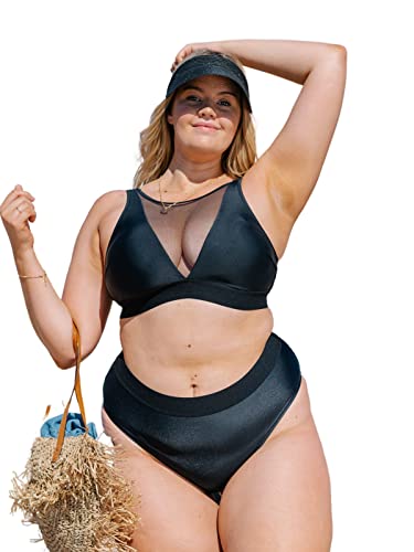 CUPSHE Women's Plus Size Bikini Swimsuit High Waist Black Two Piece Bathing Suit Mesh Stitching