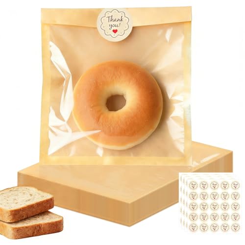 FuYelng 100 Pièces Petit Sachet Kraft avec Fenêtre et des Autocollants, 18×19 cm Sachet Alimentaire Papier Sacs à Pain Faits Maison, pour Biscuits Parts de...