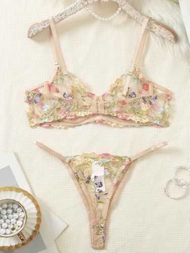 Sexy Floral Embroidered Flower Mesh Underwire Push Up Lingerie Set3