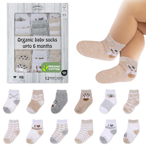 Image of Mother's Choice Organic Cotton Baby Socks, 12 Pairs, Unisex 0-6 Months - Soft, Hypoallergenic Newborn & Infant Socks - Baby Girl & Boy Gifts